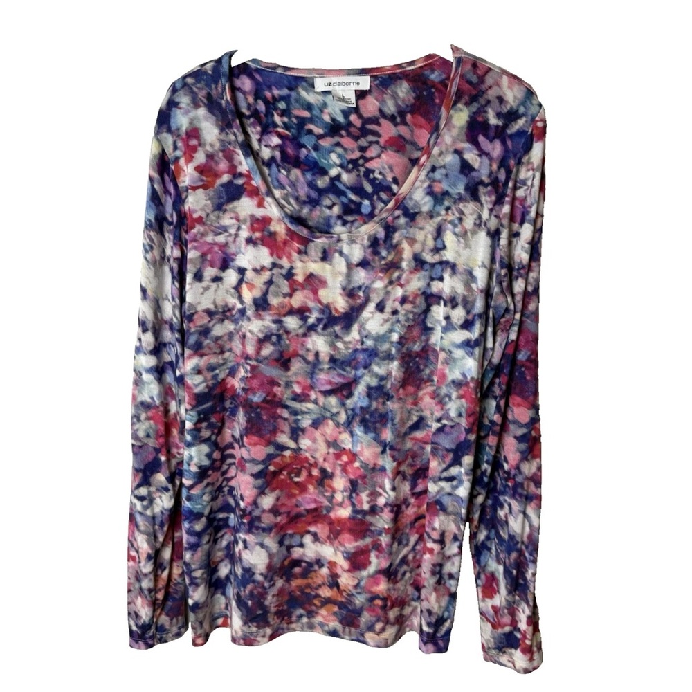 Liz Claiborne Blouse Size Large Top Long Sleeves Stretch Purple Blue Pink White